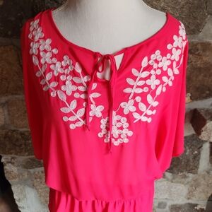 Womens Top Blouse Elle Fushia Pink Peasant Floral Embroidered Boho Semi Sheer S